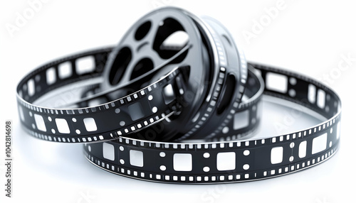 Close-up shot of classic film reels on white background.