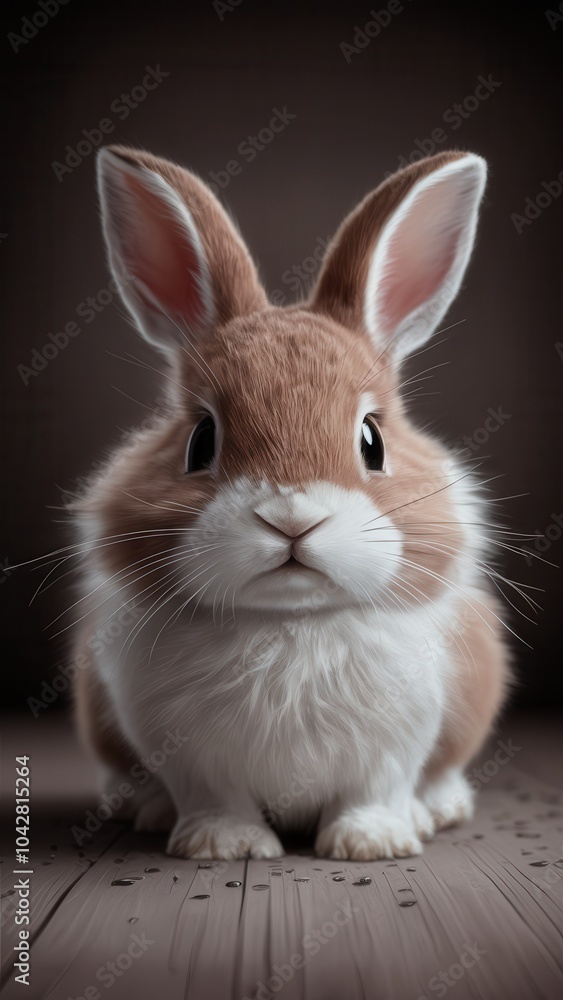 Obraz premium Close-up of small white bunny with brown spots sitting on wooden surface