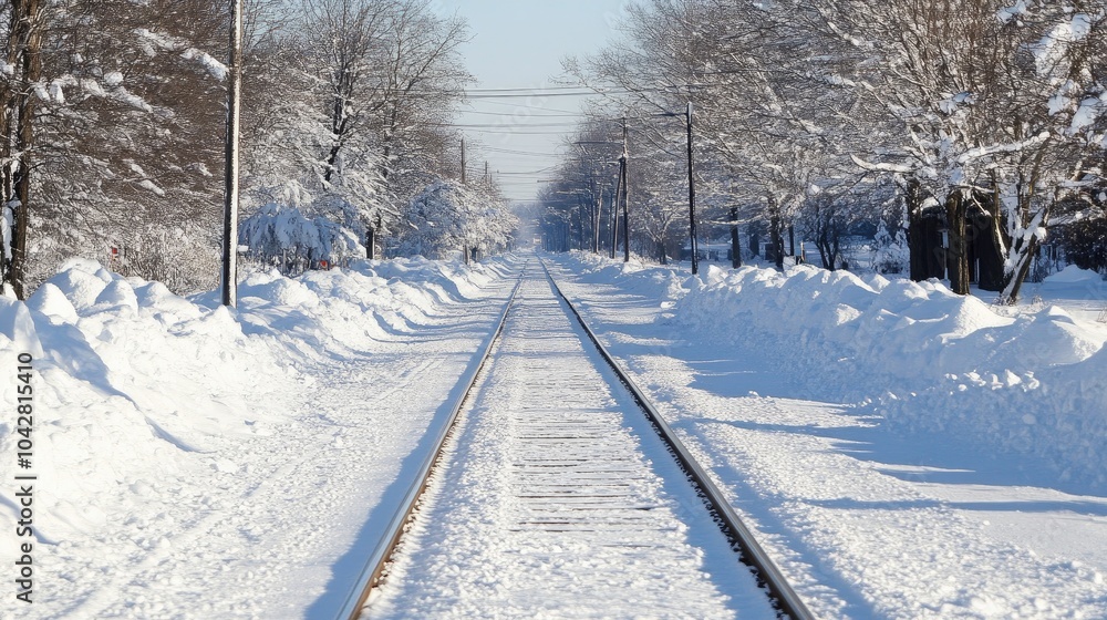 Snowy Railway Tracks in Winter Landscape Snowy Railway Tracks in Winter Landscape