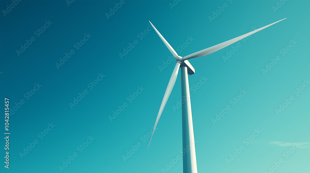 modern wind turbine spinning against clear blue sky, symbolizing renewable energy and sustainability. sleek design and motion evoke sense of innovation and progress modern wind turbine spinning against clear blue sky, symbolizing renewable energy and sustainability. sleek design and motion evoke sense of innovation and progress