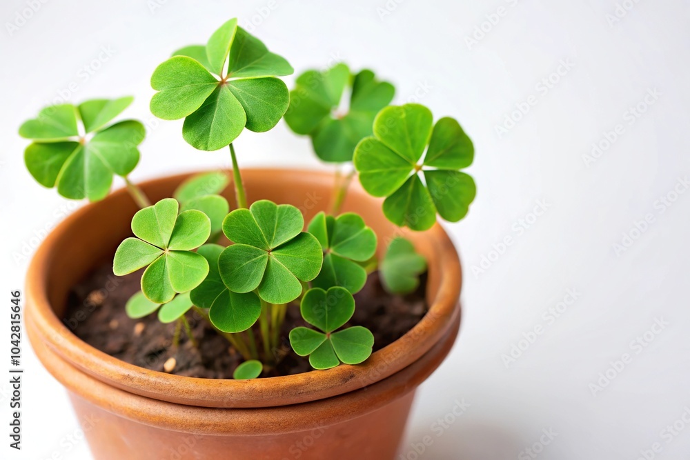 Extreme close-up shot of a shamrock plant growing in a pot on a white background Extreme close-up shot of a shamrock plant growing in a pot on a white background