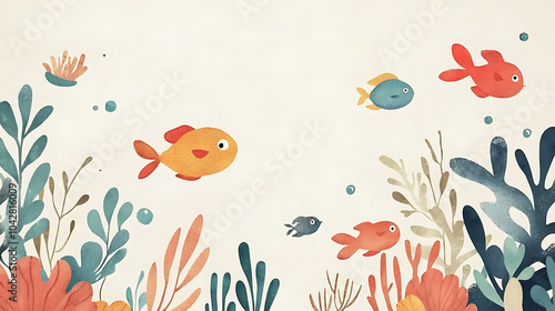 lovely illustration of colorful fish swimming among vibrant aquatic plants, creating serene underwater scene filled with life and movement