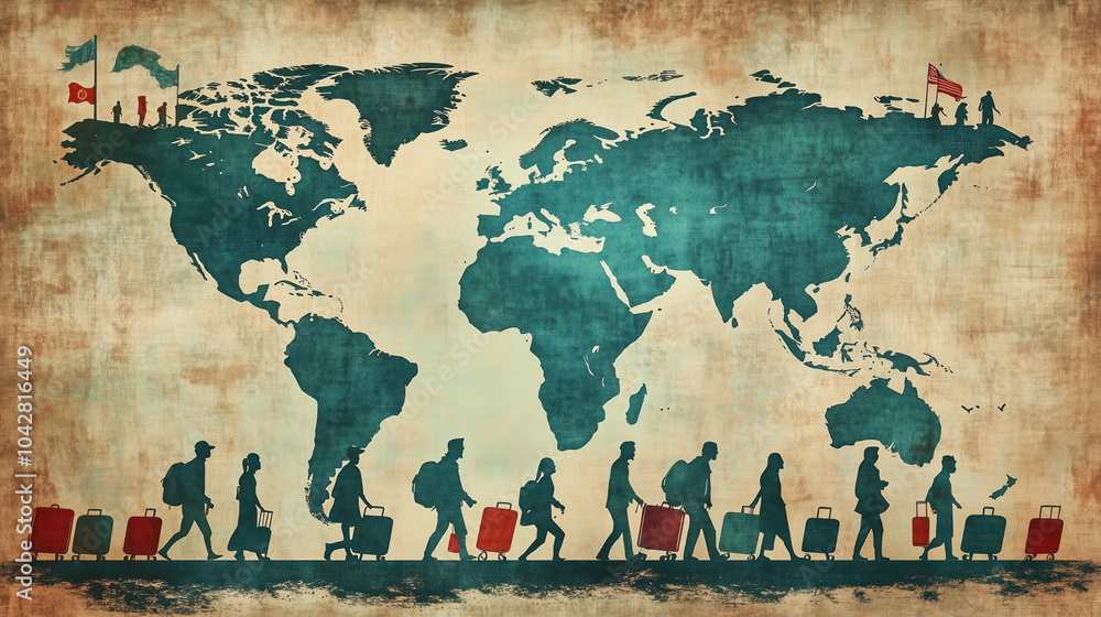 Travelers with luggage walk across world map, symbolizing immigration Travelers with luggage walk across world map, symbolizing immigration