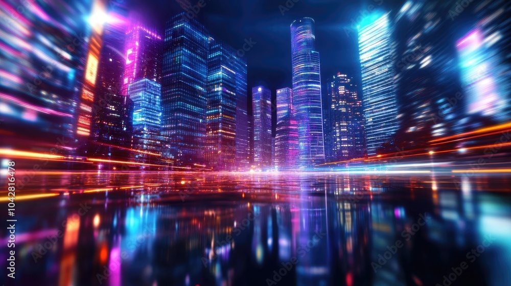 Obraz premium Futuristic Cityscape with Towering Skyscrapers at Night