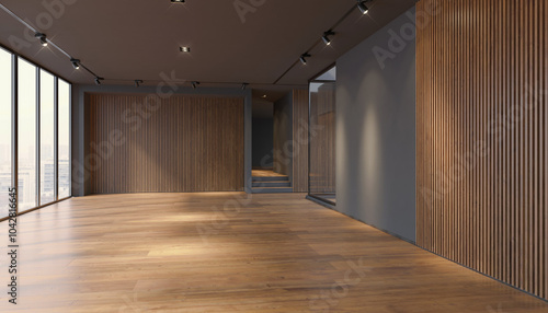 3d rendering of an empty modern office building with large windows - modern architecture.