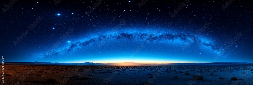 Panoramic view of starlit desert landscape under the Milky Way at dawn, displaying vibrant blue hues against a stunning night sky. Panoramic view of starlit desert landscape under the Milky Way at dawn, displaying vibrant blue hues against a stunning night sky.