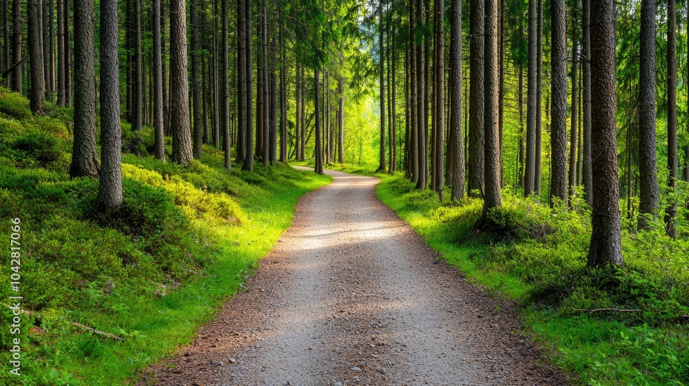 Fototapeta premium A serene forest path meanders through tall trees, bathed in sunlight, inviting exploration and a connection with nature.