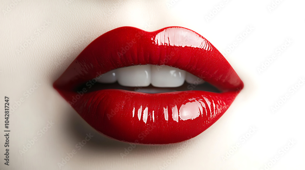Glossy red lips create striking visual impact, showcasing vibrant and alluring appearance. smooth texture and shine enhance overall beauty, making it captivating Glossy red lips create striking visual impact, showcasing vibrant and alluring appearance. smooth texture and shine enhance overall beauty, making it captivating