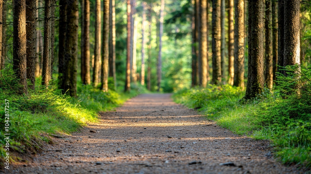 Fototapeta premium A serene forest pathway surrounded by tall trees and lush greenery, inviting exploration and connection with nature.