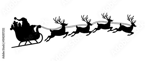Santa Claus in a sleigh with reindeer pulling is depicted in a vector image. Santa's shadow in his sleigh