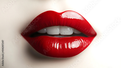 Glossy red lips create striking visual impact, showcasing vibrant and alluring appearance. smooth texture and shine enhance overall beauty, making it captivating