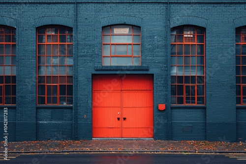 A Red Door on a Gray Brick Wall with Windows