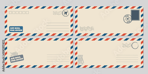 Postcard envelope template set. Greeting card stamps postal services red blue frame fast delivery air ships stylish retro design empty blank graphic template.