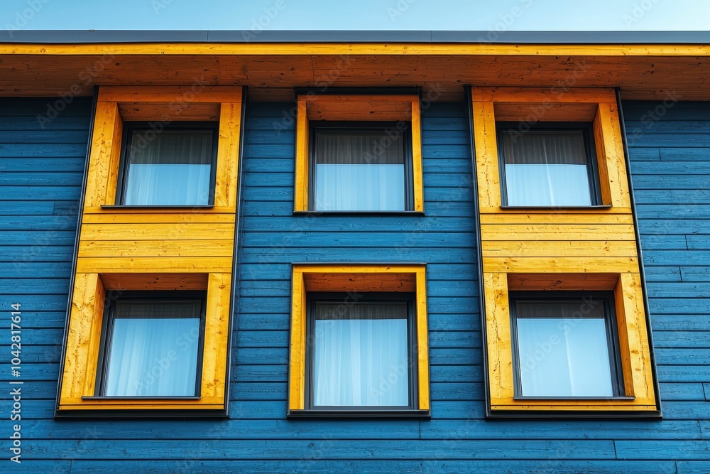 Six Windows in a Blue and Yellow Wooden Facade Six Windows in a Blue and Yellow Wooden Facade