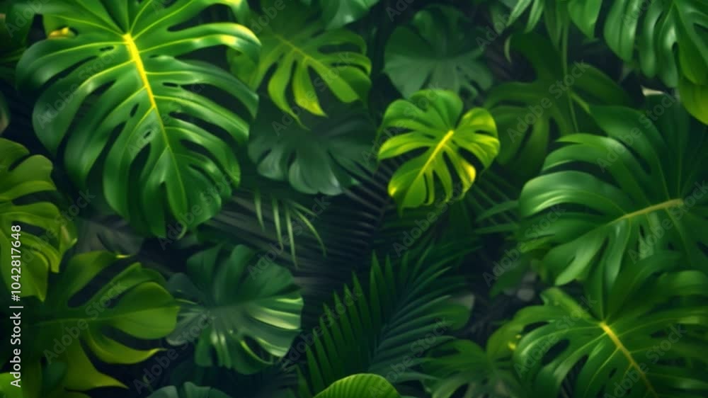 An up-close view of a dense cluster of lush green leaves, showcasing the intricate details and patterns found in tropical foliage. An up-close view of a dense cluster of lush green leaves, showcasing the intricate details and patterns found in tropical foliage.