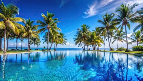 Description: A serene blue pool with swaying palm trees against a clear sky