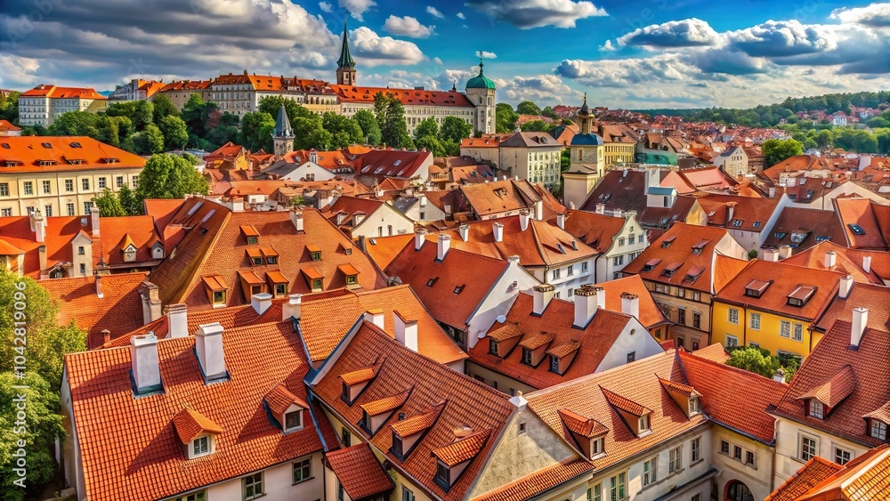 Naklejka premium Description: Aerial view of red roofs of buildings in a panoramic setting