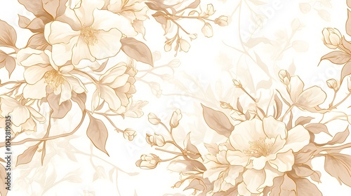 Intricate floral motifs with delicate petals and curling vines weave together, forming an elegant, repeating vector design.