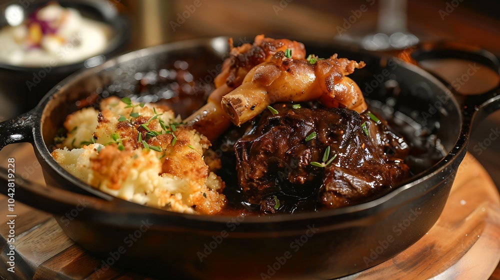 Cast iron pot cooked meat bourguignon accompanied by a crunchy side dish Cast iron pot cooked meat bourguignon accompanied by a crunchy side dish