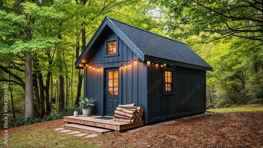 Fototapeta premium rustic, small wooden cabin nestled in a lush, green forest setting. The cabin is painted in a dark charcoal color, with a steep, shingled roof and a single glass door at the front.