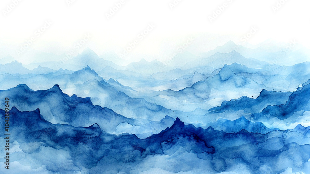 Fototapeta premium A tranquil watercolor landscape showcasing layered blue mountains at dawn