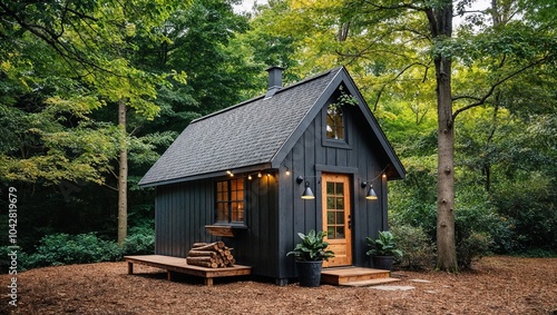 rustic, small wooden cabin nestled in a lush, green forest setting. The cabin is painted in a dark charcoal color, with a steep, shingled roof and a single glass door at the front.