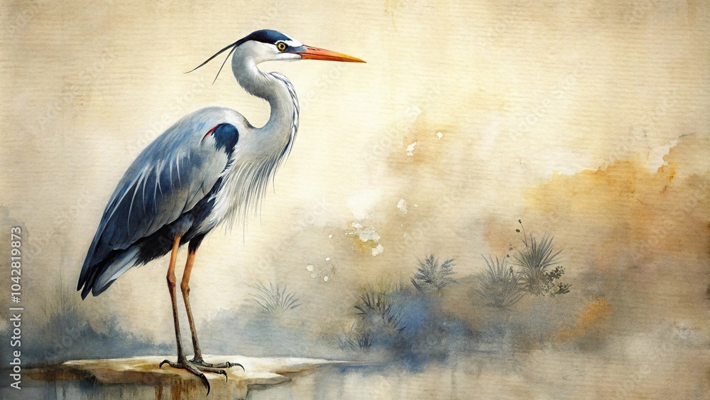 Fototapeta premium Japanese style heron ink watercolor painting on canvas print desktop wallpaper background from high angle view