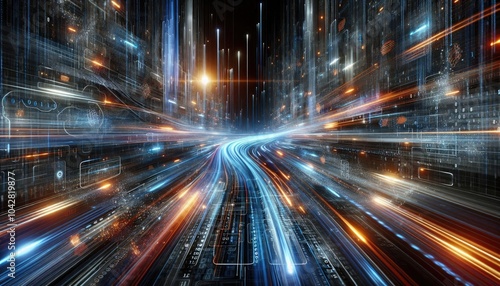 Futuristic Data Highway: Rapid Light Trails Representing Machine Learning, AI Processing, and Big Data Transmission in a Digital Matrix Environment with Floating Binary Code