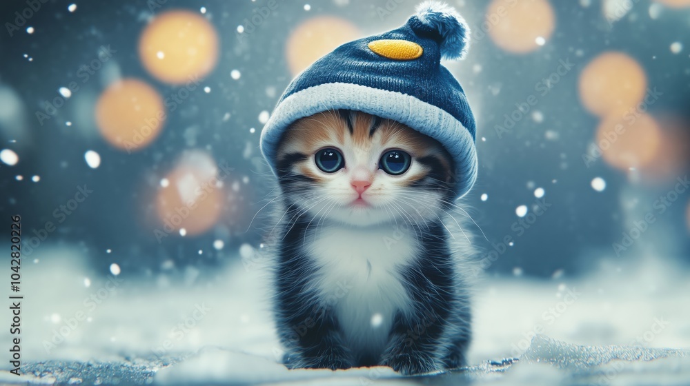 Cute kitten wearing hat, snowy background, soft bokeh lights Cute kitten wearing hat, snowy background, soft bokeh lights
