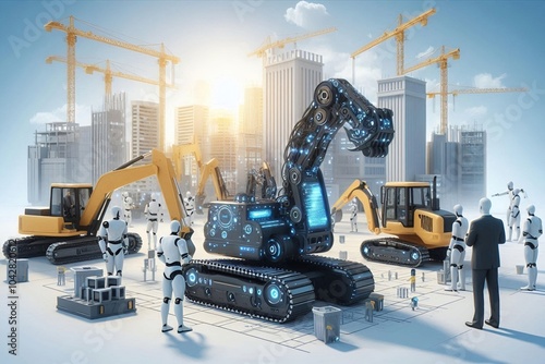 Mechanized Marvels: AI Excavators at Work construction site with crane