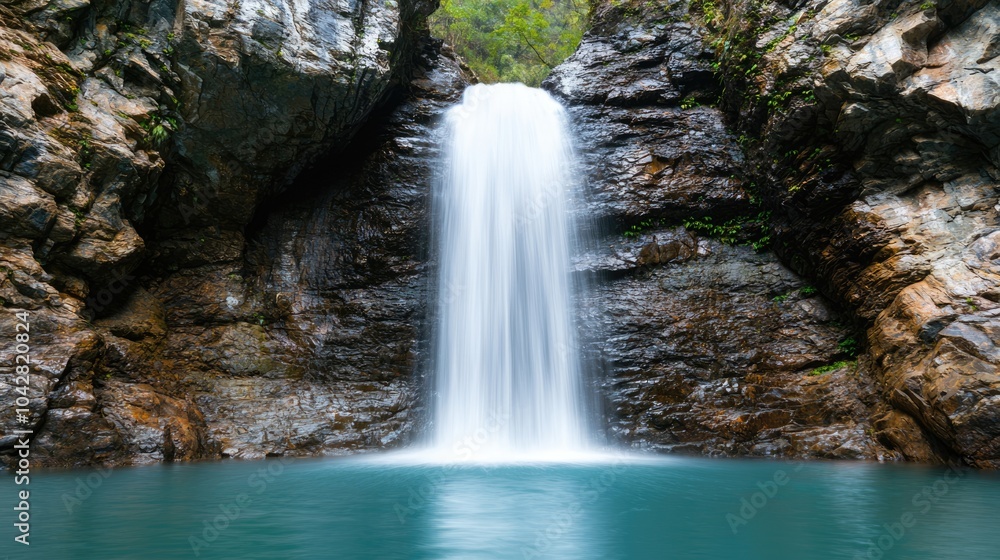 Obraz premium A serene waterfall cascades into a tranquil turquoise pool, surrounded by lush greenery and rugged stone cliffs.