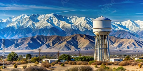 Desert Hot Springs California water tower with snow capped San Gorgonio Mountains in the background photo