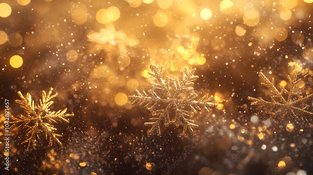 Fototapeta premium Artistic golden snowflakes glowing against a dark background, creating a luxurious and magical ambiance perfect for holiday designs..