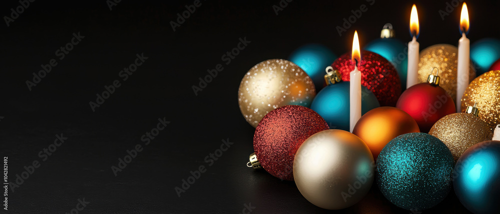 Obraz premium A festive arrangement of colorful ornaments and candles, creating a warm and inviting atmosphere perfect for celebrating the holiday season.