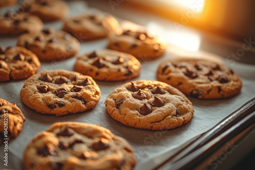 Freshly baked chocolate chip cookies cooling on baking sheet photo