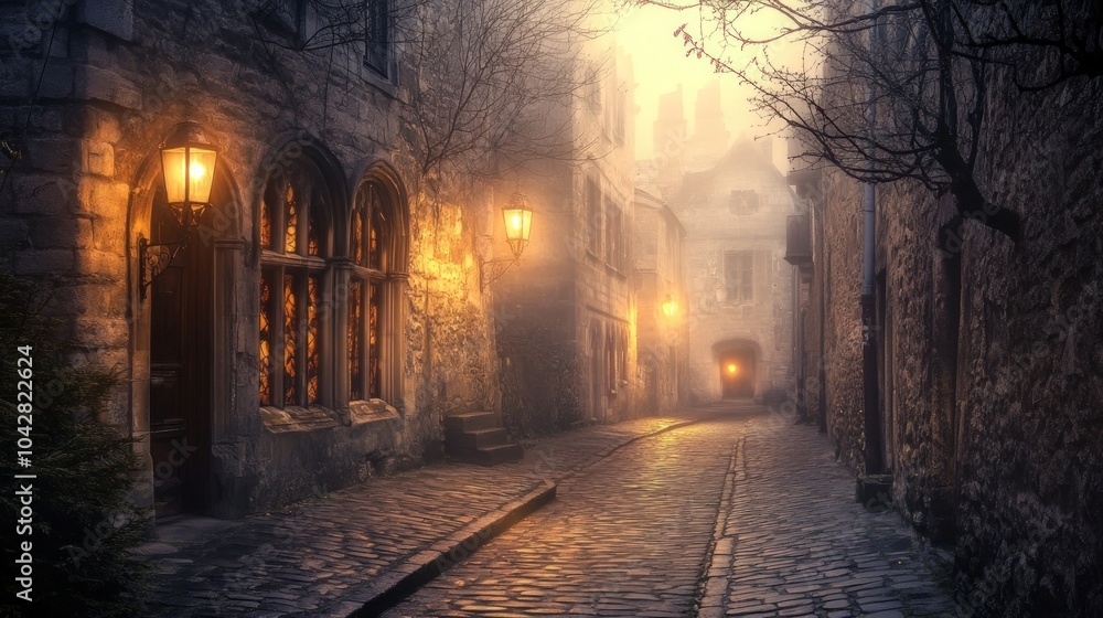 Mysterious Fog-Shrouded Alleyway in a European City Mysterious Fog-Shrouded Alleyway in a European City