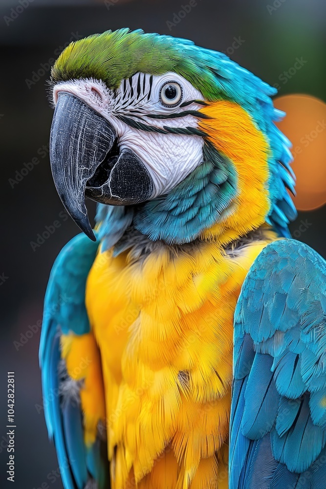 Obraz premium Blue-and-yellow macaw posing with bright blue and yellow feathers