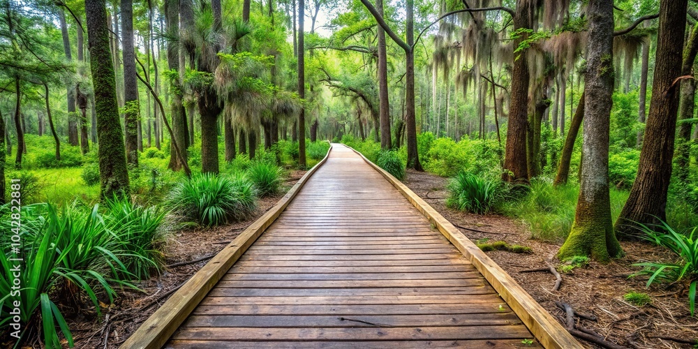 Obraz premium Dirt path with wooden boardwalk through dense low country forest silhouette