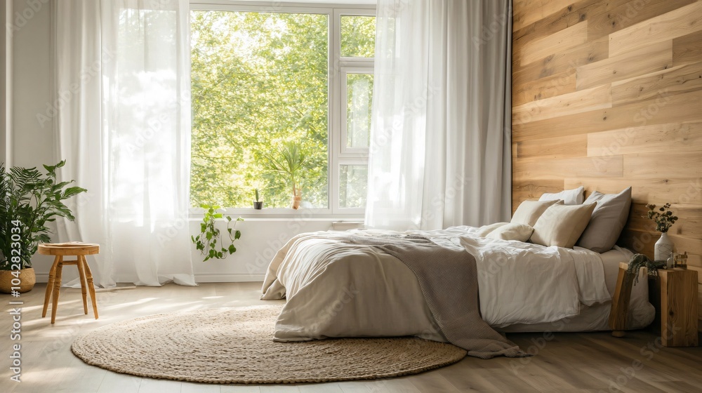 Modern Bedroom Interior Design with Wooden Wall and Large Window Modern Bedroom Interior Design with Wooden Wall and Large Window