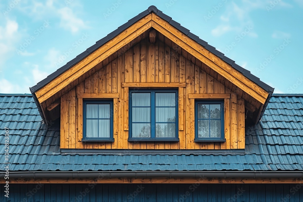 Wooden Gable Roof with Three Windows and Blue Shingles Wooden Gable Roof with Three Windows and Blue Shingles