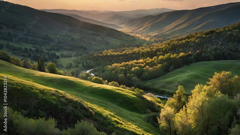 Obraz premium Golden sunset illuminates a picturesque valley in spring.