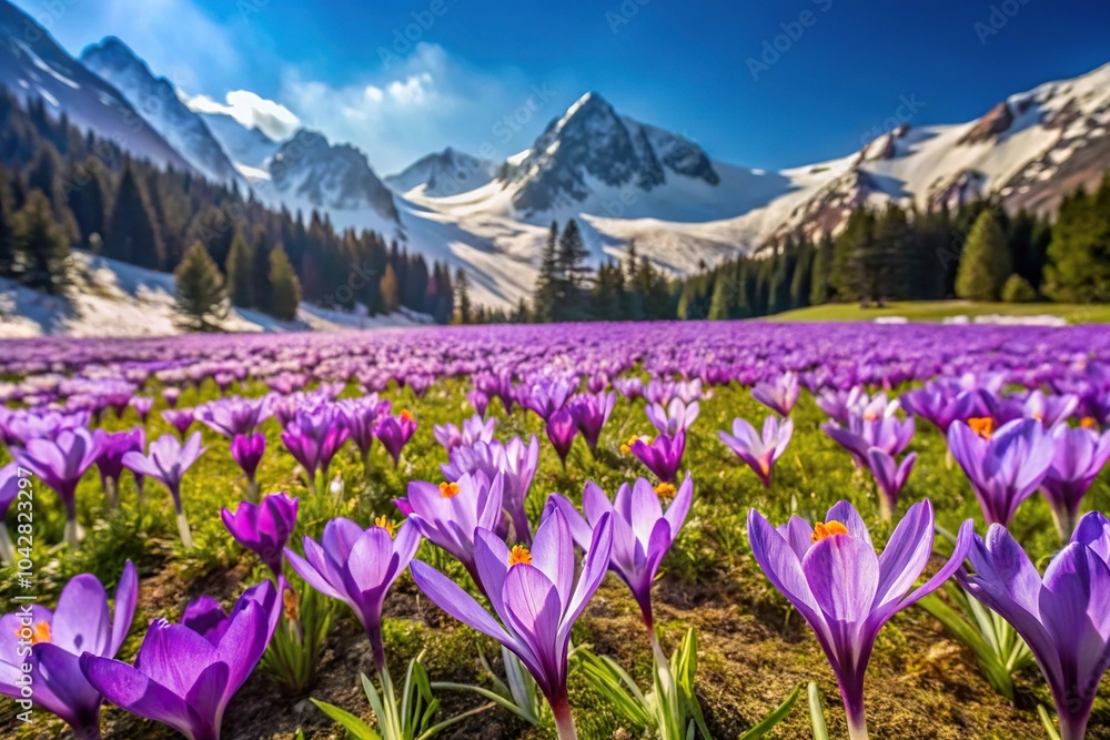 Obraz premium field of purple crocuses in full bloom in the mountains
