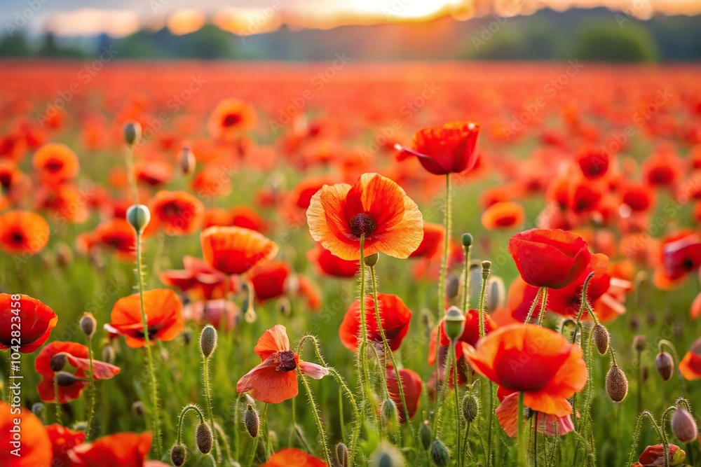 Fototapeta premium Field of vibrant poppies at sunset