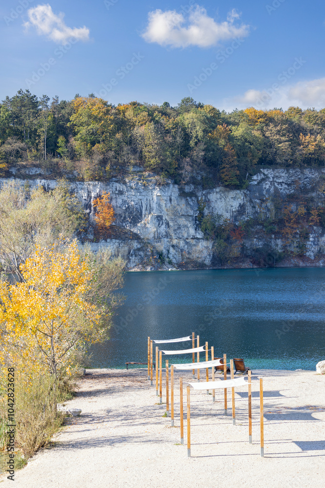 Beautiful view of Lagoon Zakrzowek, artificial water reservoir in city center, Krakow, Poland