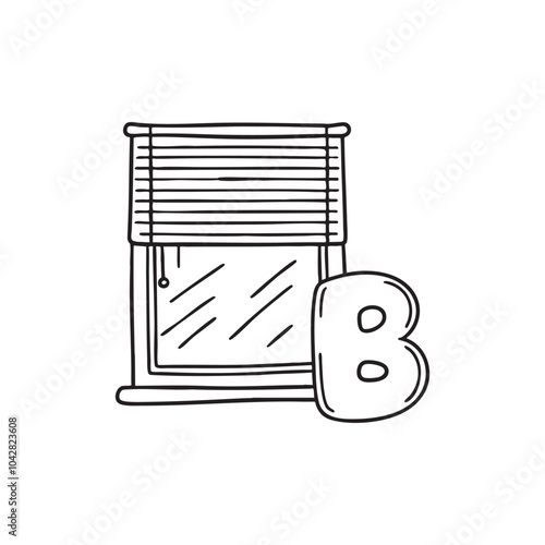 An illustration of window blinds and big letter B beside it