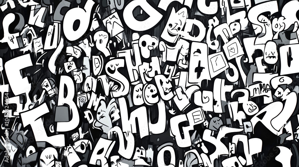 vibrant black and white cartoon drawing filled with expressive characters and letters, creating lively and chaotic atmosphere. playful arrangement evokes sense of fun and creativity vibrant black and white cartoon drawing filled with expressive characters and letters, creating lively and chaotic atmosphere. playful arrangement evokes sense of fun and creativity