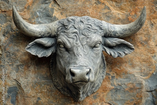 Stone wall featuring a stone sculpture of a bull head mounted on it photo