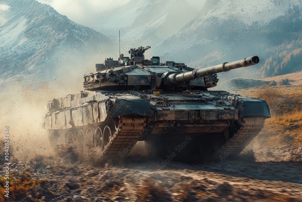 Heavy military tank driving on battlefield raising dust Heavy military tank driving on battlefield raising dust