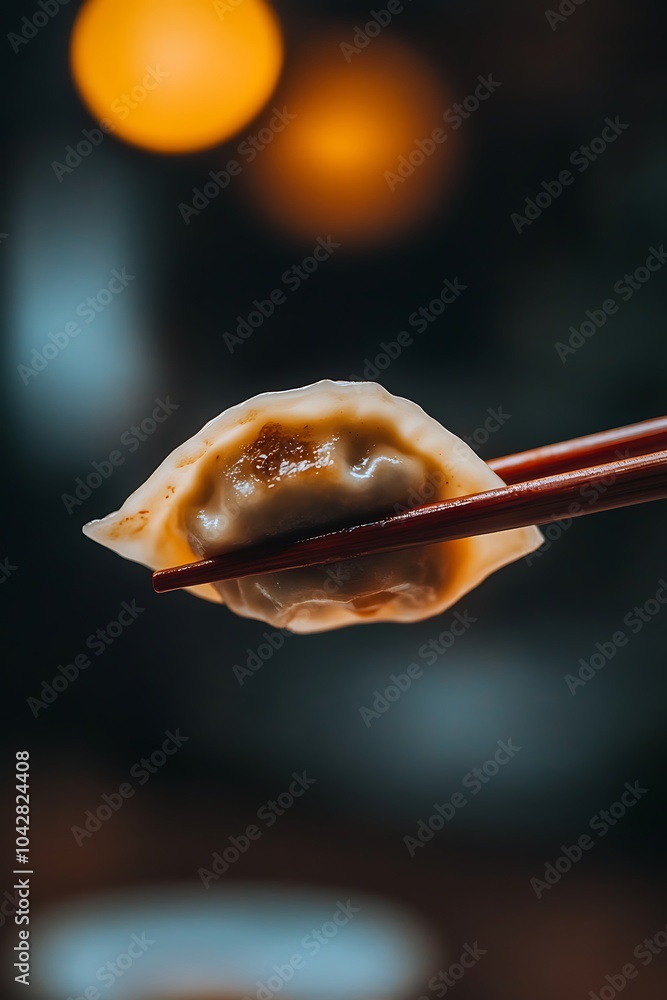 Steamed Asian Dumpling Held by Chopsticks in Dramatic Lighting Steamed Asian Dumpling Held by Chopsticks in Dramatic Lighting