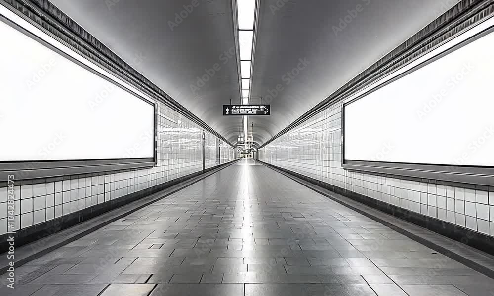 A modern subway tunnel with blank advertising spaces and bright lights.